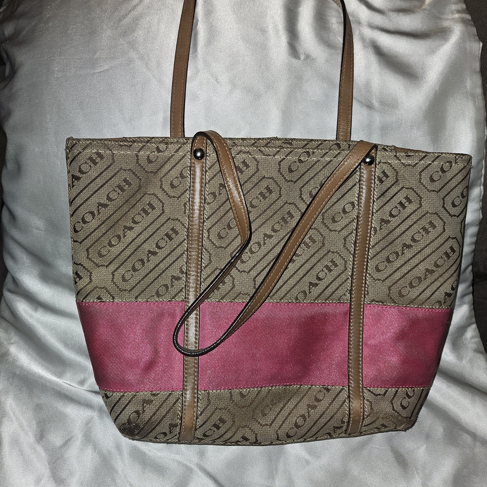 Coach Tan and Pink Signature Tote Bag